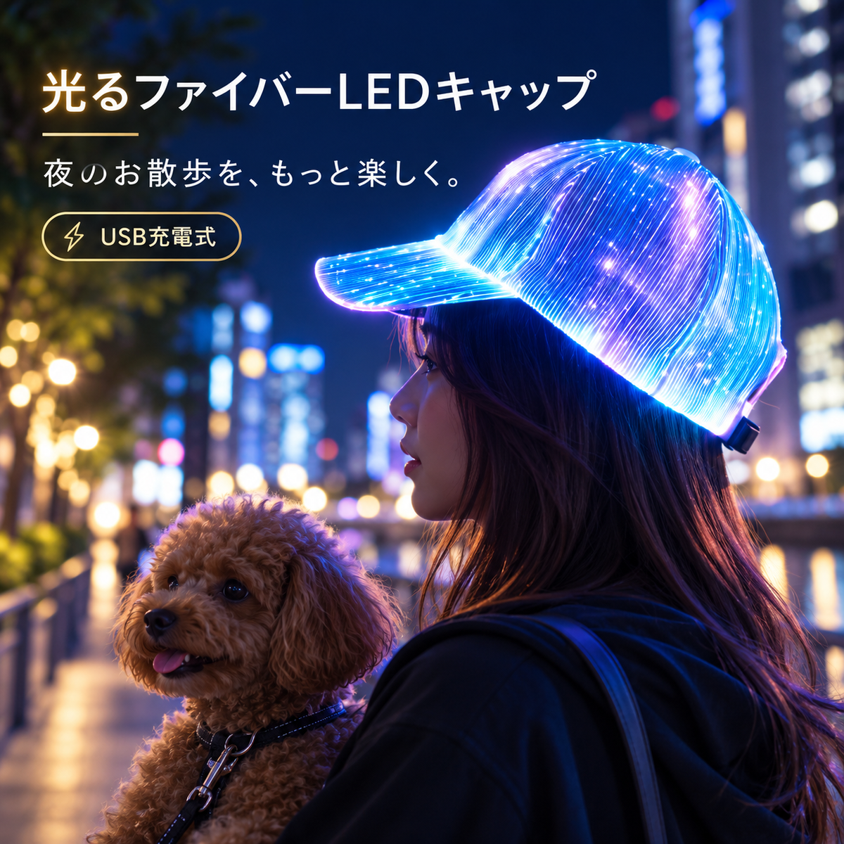光るファイバーLEDキャップ｜USB充電式・夜のお散歩に