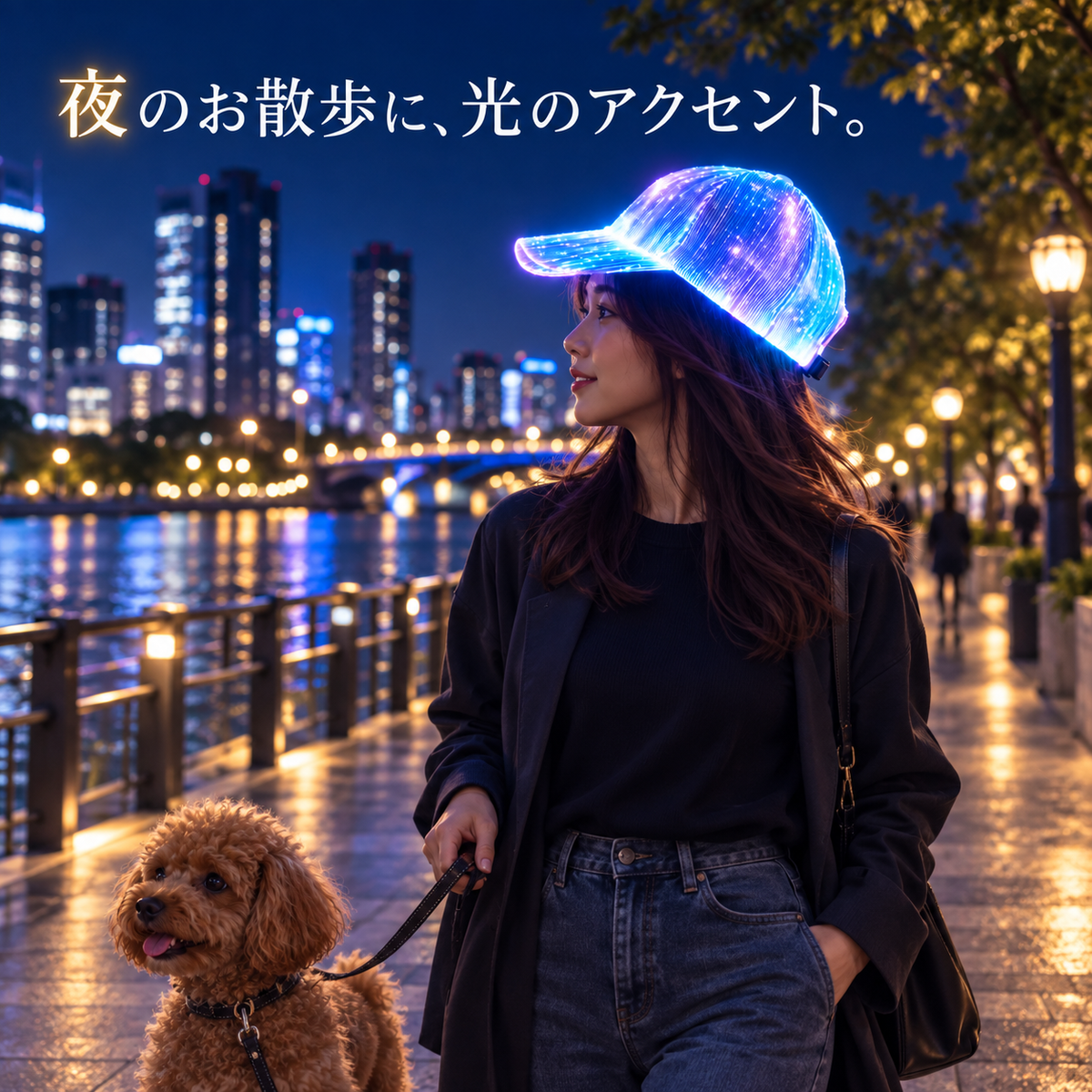光るファイバーLEDキャップ｜USB充電式・夜のお散歩に