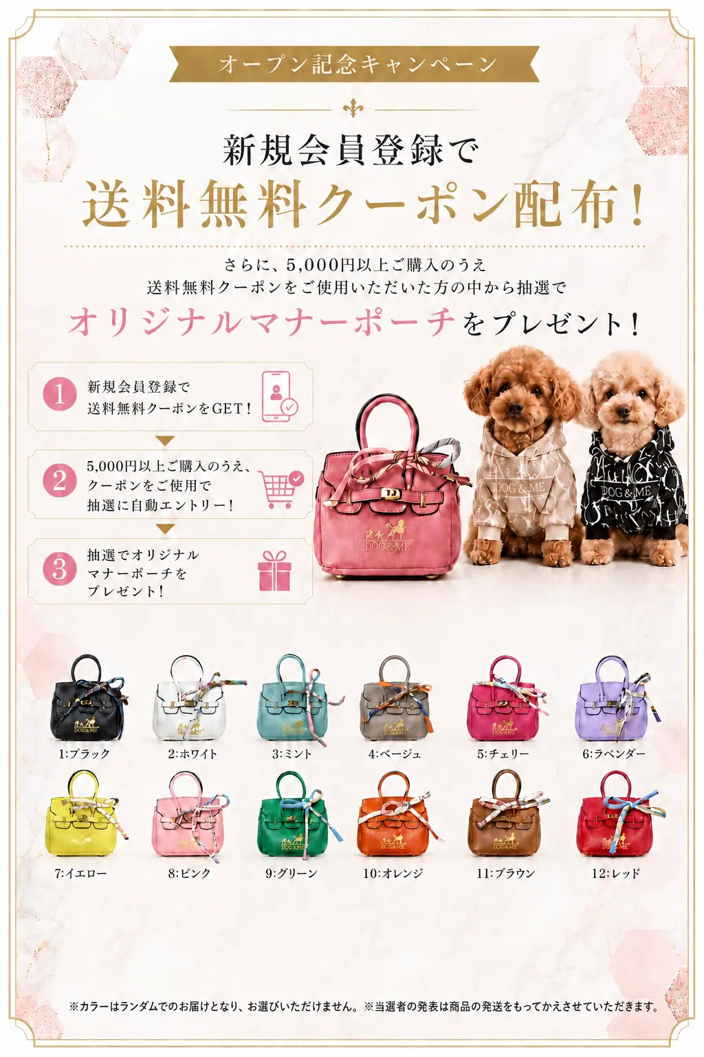 新規会員登録で送料無料クーポン配布。5,000円以上購入し送料無料クーポンを使用した方から抽選でオリジナルマナーポーチをプレゼント。カラーはランダムです。